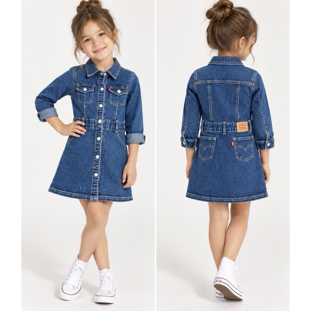 Levi's Button Front Long Sleeve Denim Jean Dress Pockets Blue Girls SZ 5